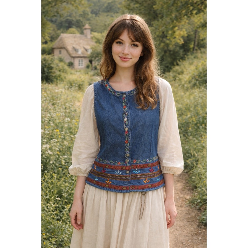 New Direction Vintage Denim Embroidered Top Vest Small Granny BOHO